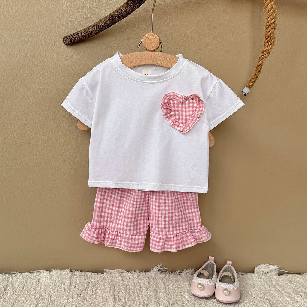 0-3Y Toddler Infant Kid Baby Girl Clothes Sets Soft Short Sleeve T-Shirt Heart Shaped Sticker Tops Striped Shorts