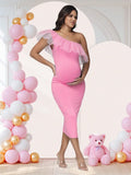 Maternity One-Shoulder Mesh Ruffled Collar Summer Midi Dress  for Party Baby Shower Photoshoot