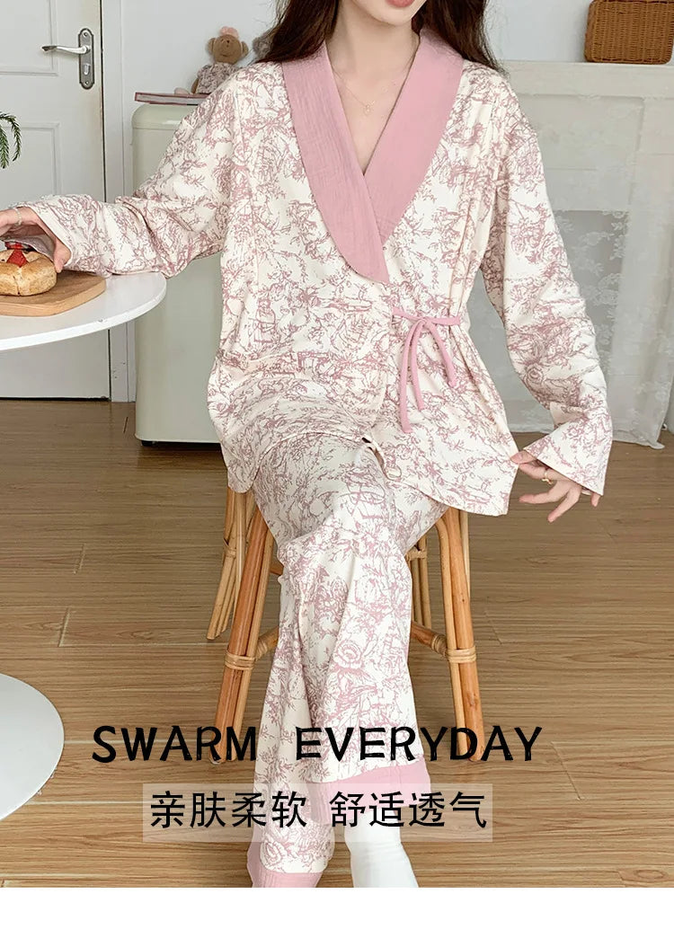 Pure Cotton Maternity Nightie For Pregnant Breastfeeding Clothes 	Sleepwear Autumn V-Neck Pajamas For Nursing Mothers