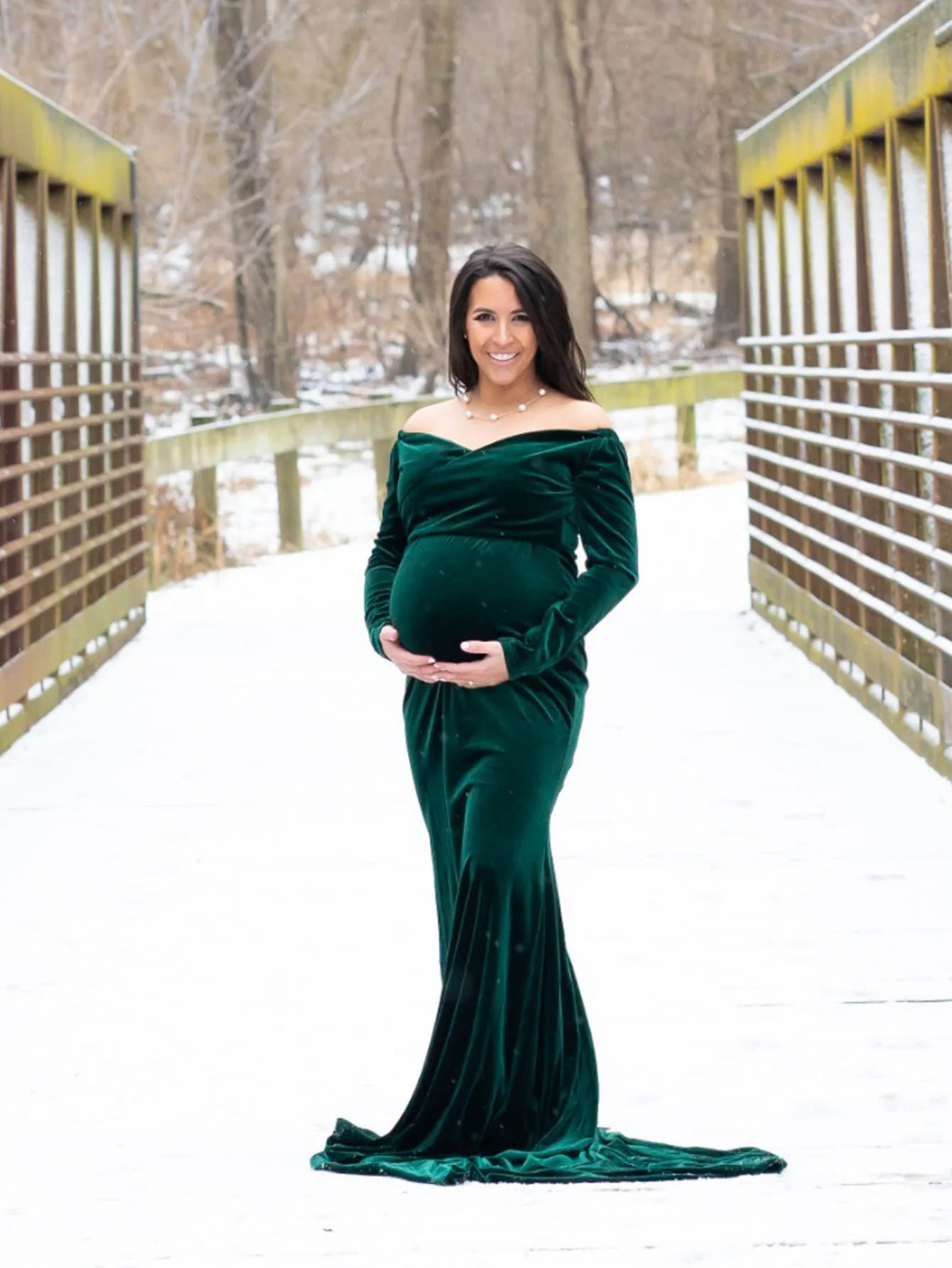 Velvet Maternity Off Shoulder Trailing Fitted Gown Maxi Photography Dress for Baby Shower Photo Props Dress