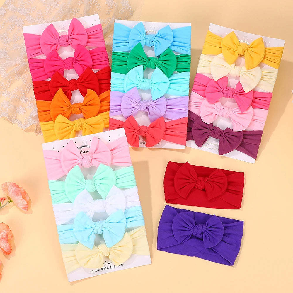5Pcs/lot Bright Nylon Solid Color Baby Headband Set 3.5inch Bowknot Casual Headties Soft and Non Damaging To Hair