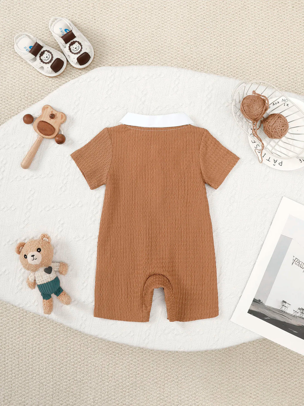 0-18 Month Baby boy Bodysuit Collar Bow Color Blocking, Cute Little bear jumpsuit Summer Newborn Baby boy Short sleeved Jumpsuit