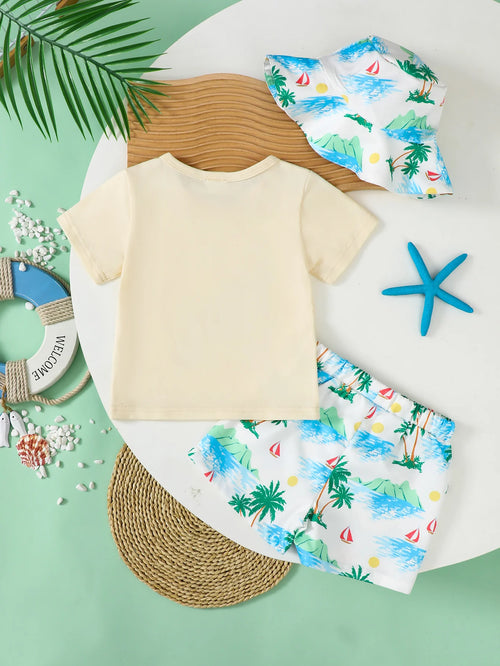 0-3 Years Boys Summer Vacation Seaside Print Coconut Tree 3 Piece Set Casual Wear Tops Shorts Hat