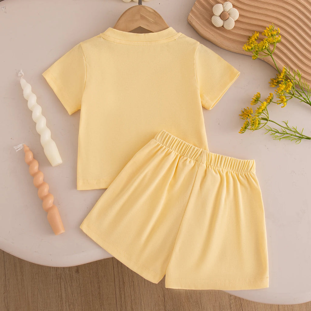 Baby Girl Set Summer Solid-Color Bow Short-Sleeve Top and Shorts Baby Girl Clothes Cute Beach Baby Outfit Set