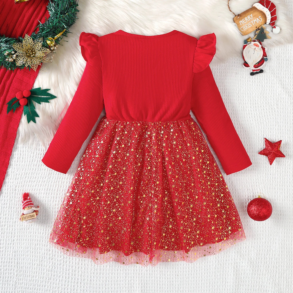 Children Girls' Dresses Round Neck Flying sleeves Five Pointed Star Chiffon Fashion Dresses 4-7 Year old girls' New Year Dresses