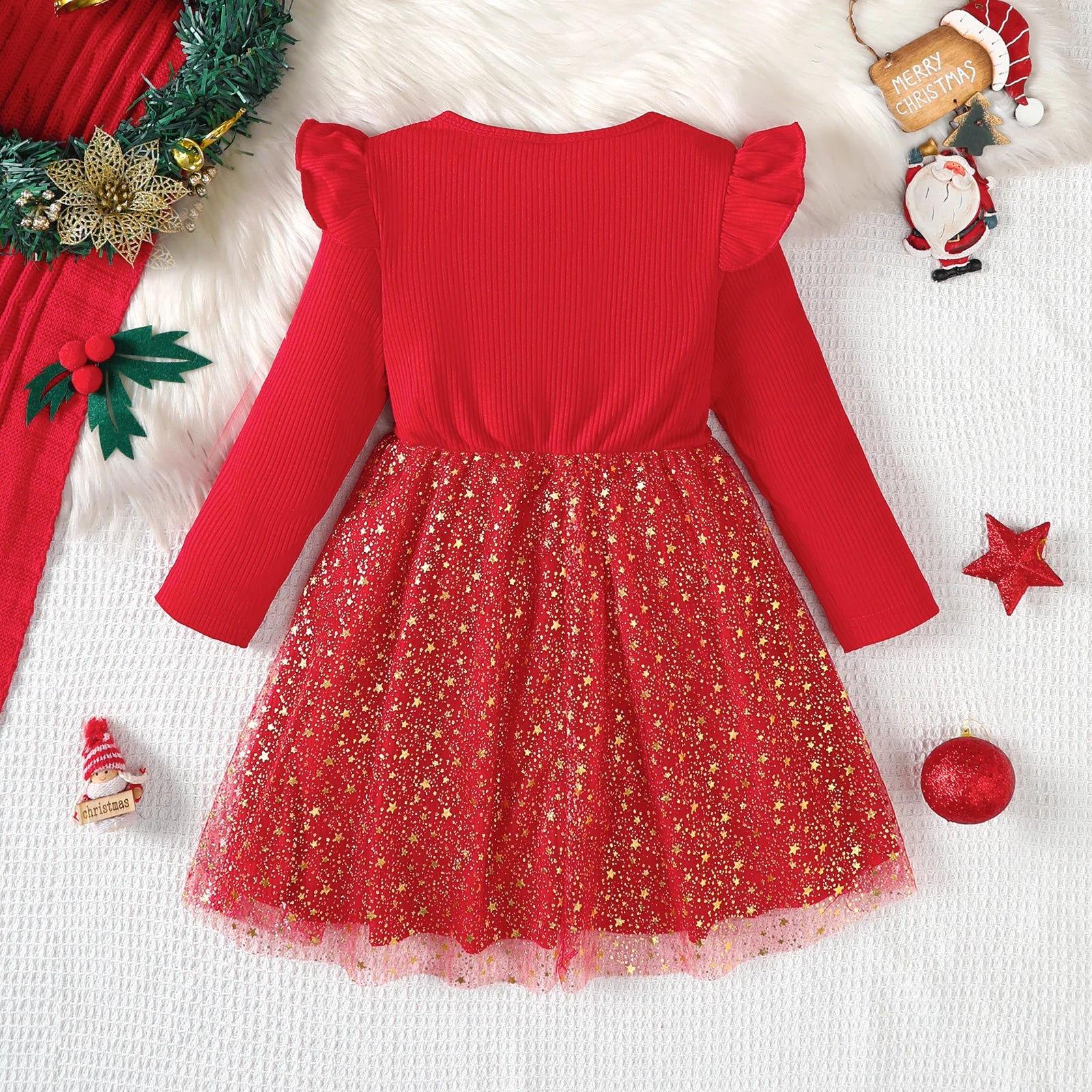 Children Girls' Dresses Round Neck Flying sleeves Five Pointed Star Chiffon Fashion Dresses 4-7 Year old girls' New Year Dresses