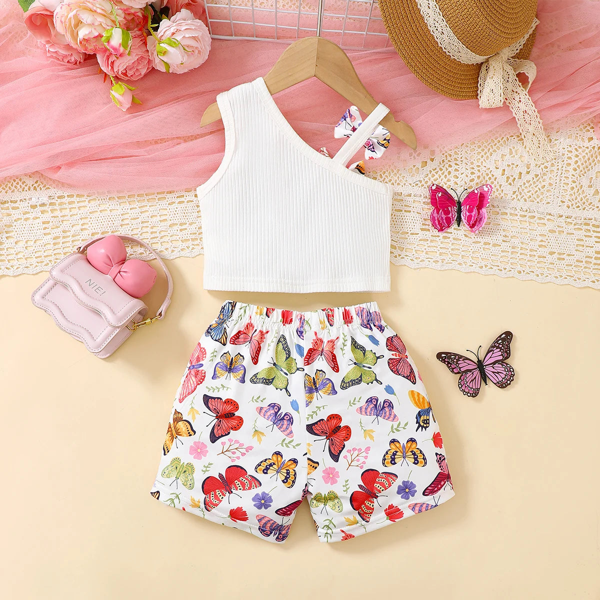 Baby Girl Bow Flower sloping shoulder Top+color Butterfly Print Shorts Fashionable2Pcs/Set for 0-3 Year Baby Girls Summer Set