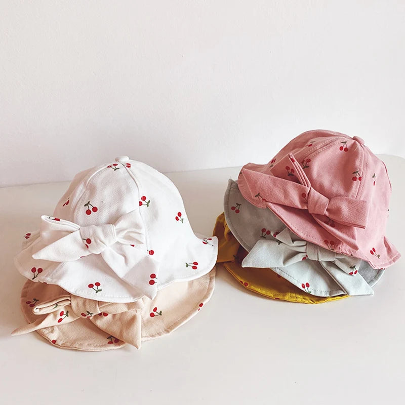 Cute Bowknot Baby Fisherman Hat Cherry Print Infant Bucket Cap 6-36Month Girls Kids Sunshade Visors Outdoor Children Basin Caps