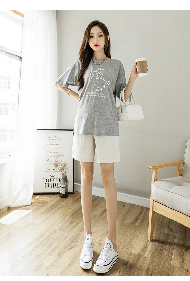 Summer Korean Style Pregnant Woman Ice Silk Shorts Knee-length Adjustable Waist Solid Color Maternity Wide Legs Straight Shorts