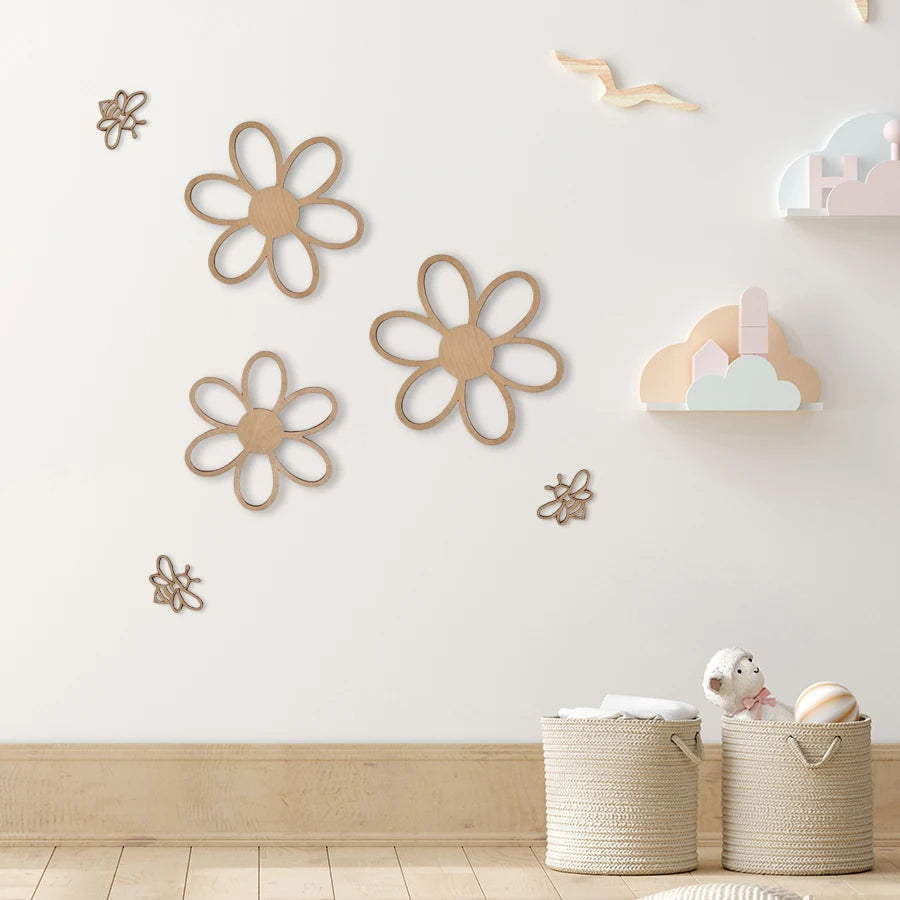 6Pcs/Set Nordic Style Wooden Hollow-Out Daisy Flower and Hollow-Out Bee Wall Decoration Wall Stickers, Natural Wood Style Decoration for Home Living Room, Bedroom, Cafe, Homestay Wall Wooden Wall Stickers Decoration