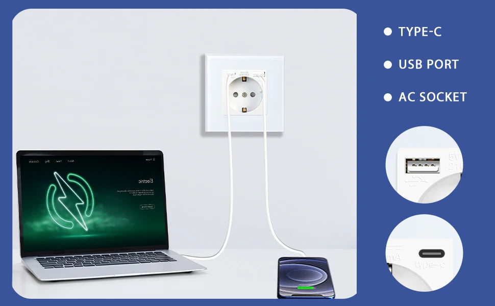 BSEED EU Standard Wall Electrical Sockets Type-C Outlets Wall Power Socket USB Charge Port Glass Panel Kids Protection 16A