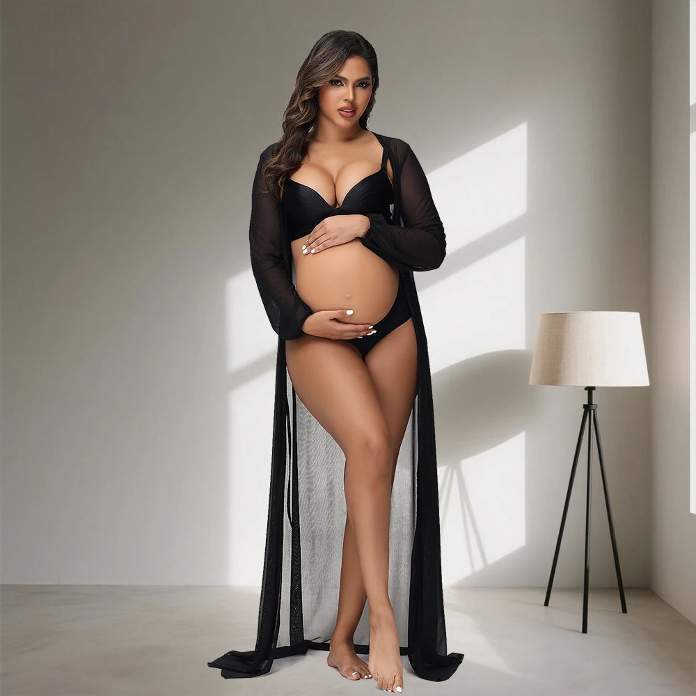Maternity Photography Dress Lantern Sleeves Sexy Tulle See-through Robe For Baby Shower Pregnant Photo Prop Maxi Gown