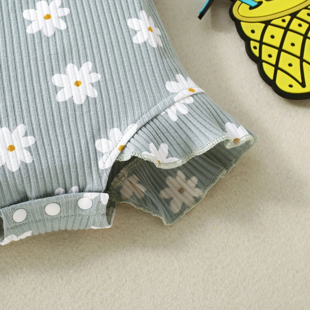 2PCS Summer Girl Crawling clothes Short Sleeve Cotton Short Sleeve  Round Necked Striped Clothes with Flower Printing Headband
