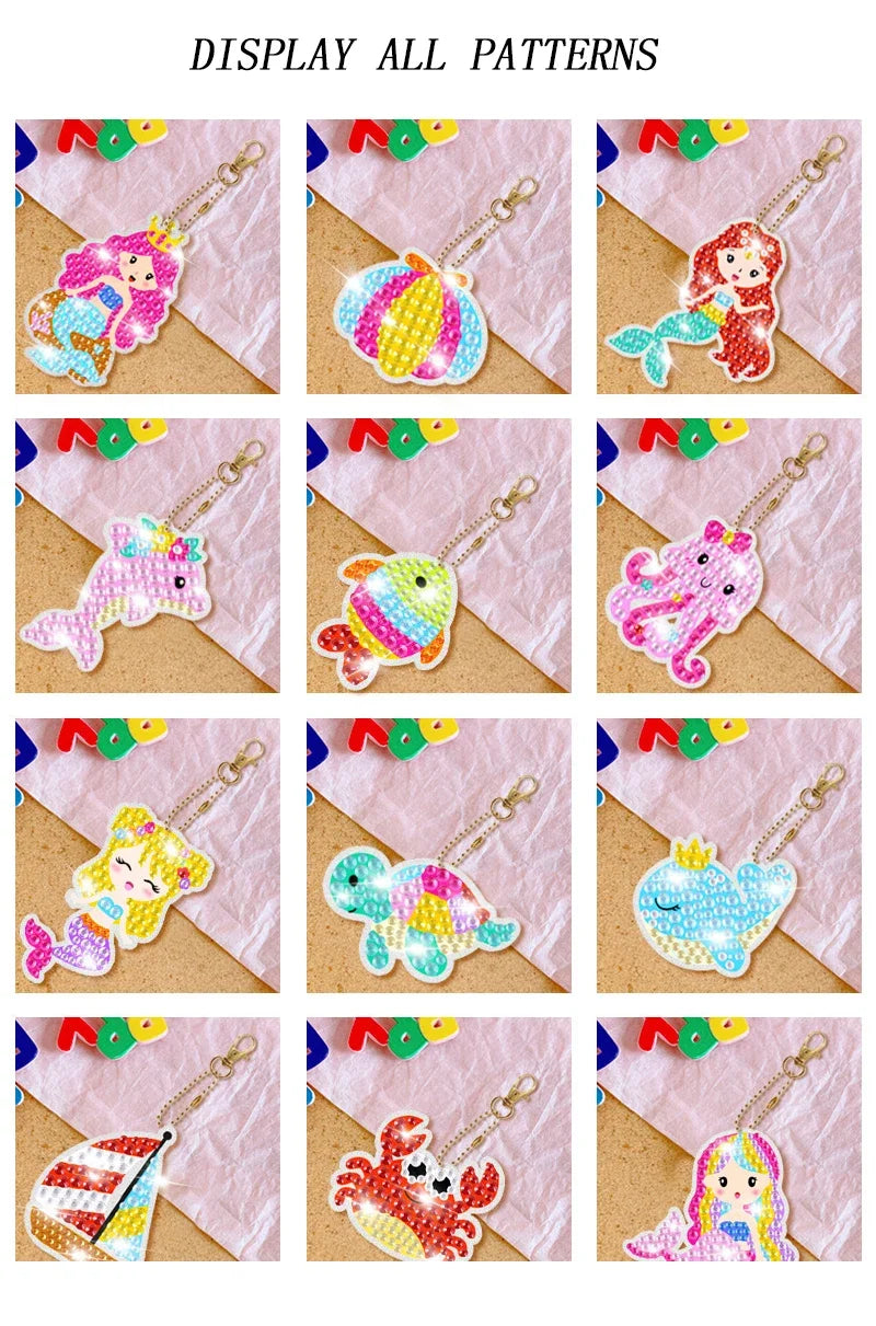 15 Piece Diamond Painting Handicraft Set for Children's Handmade DIY Mermaid Animal Keychain as a Gift for Children's