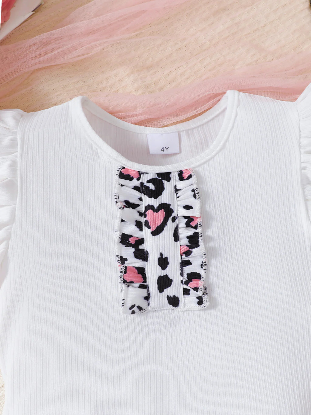 2Pcs Children's clothing Girl Flying sleeve White Top Leopard Print Bow Skirt Set for 4-7 Year old Girls Summer Fashion Set