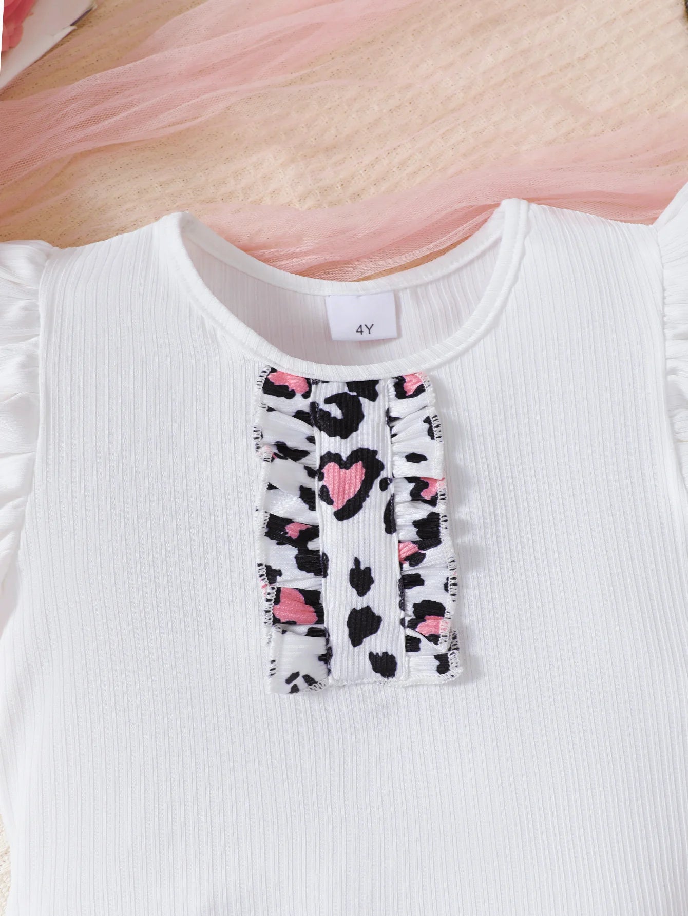 2Pcs Children's clothing Girl Flying sleeve White Top Leopard Print Bow Skirt Set for 4-7 Year old Girls Summer Fashion Set