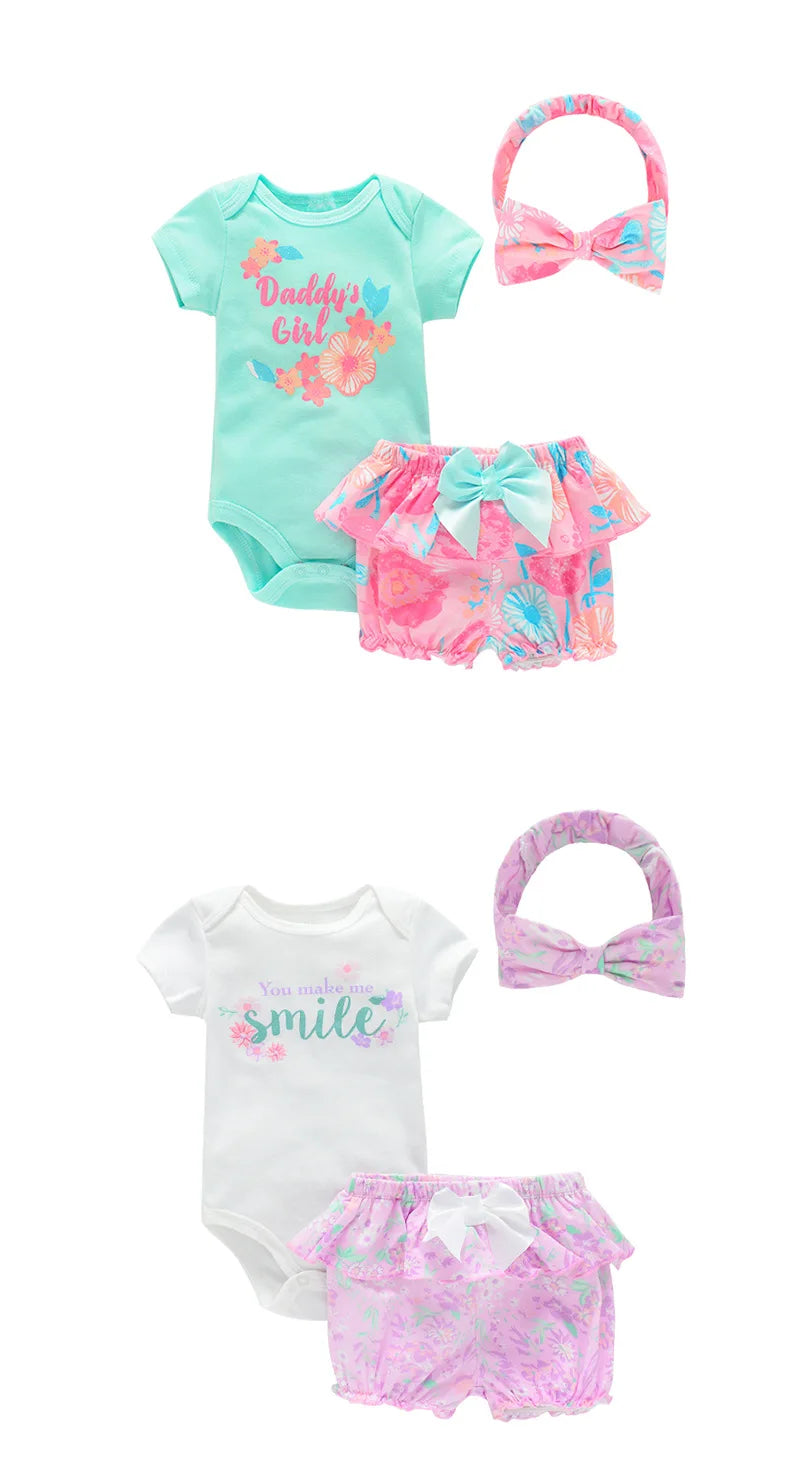 Cute Fashion 3-Piece Baby Girl Clothing Set Cartoon Newborn Bodysuits+Short Pants+Hairband Suits Summer Infant Clothes