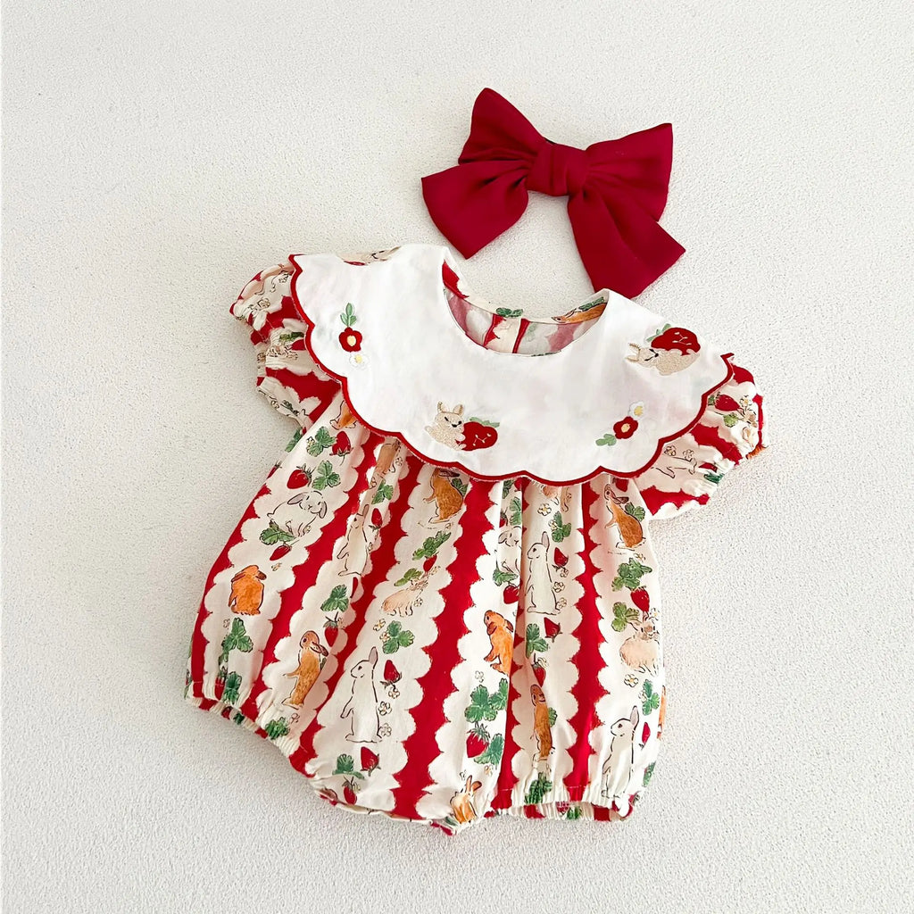 insBaby Girl Rabbit Cartoon Print Embroidered Collar Romper Infant Toddler Sweet Summer Short Sleeve Jumpsuit