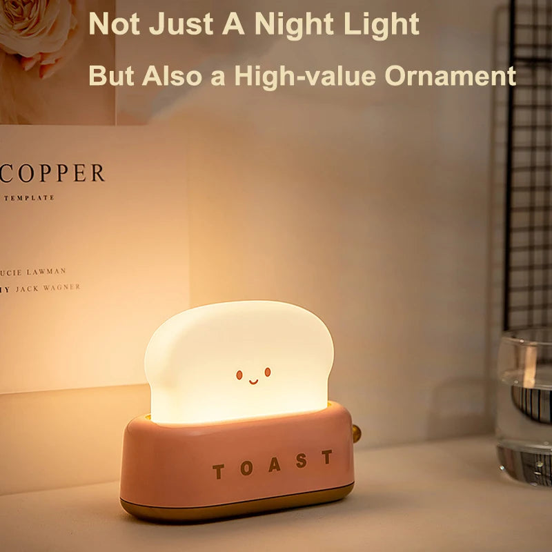 Rechargeable Cute Toaster Night Light - Toast Shape Bedside Lamp with Smile Face,Dimmable Desk Decor,Bedroom,Living Room,Gift