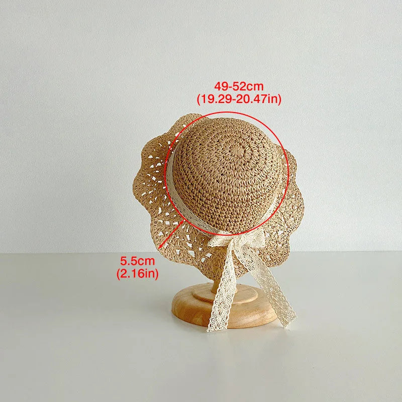 Lace Bow Girl Straw Hat Baby Summer Sun Hats Travel Beach Kids Large Brim Fisherman Cap 2-5Year Children Sunscreen Bucket Caps