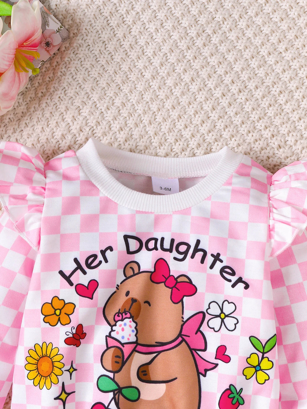Baby Girl Casual Set Cute Capybara Printed Pink Checkered Long Sleeve Pants 2 Pieces/set Suitable for Cute Baby Girls 0-3 Years