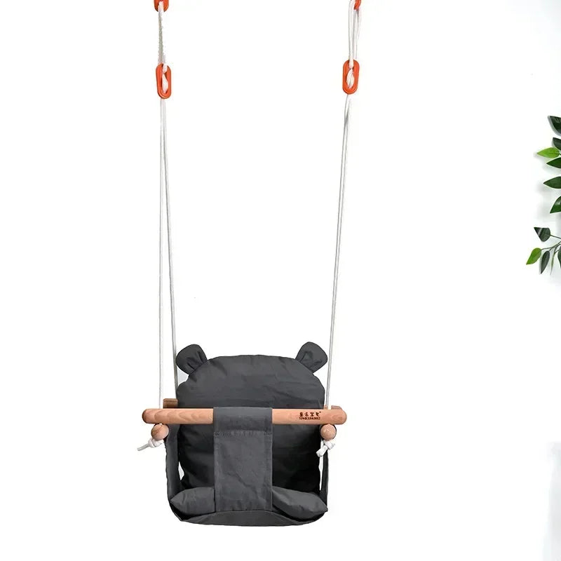 Beige Canvas and Wood Baby Swing Chair - Indoor Outdoor Hanging Toy