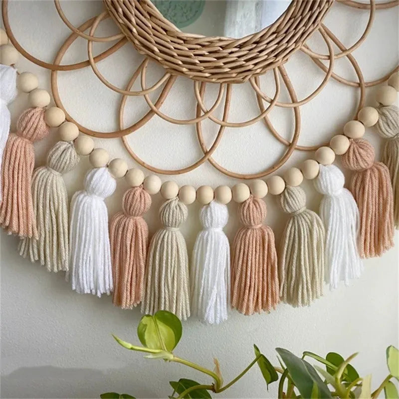 Boho Pink Tassel Garland with Wood Beads Cute Wall Hanging Banner for Nursery Kids Bedroom Birthday Office Party Wedding Decor