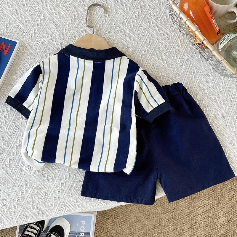 ‌New Boys Cotton Striped Shorts Set 2-Piece Summer Outfit Fashion Short Sleeve Casual Playwear Stylish Kids Clothing‌