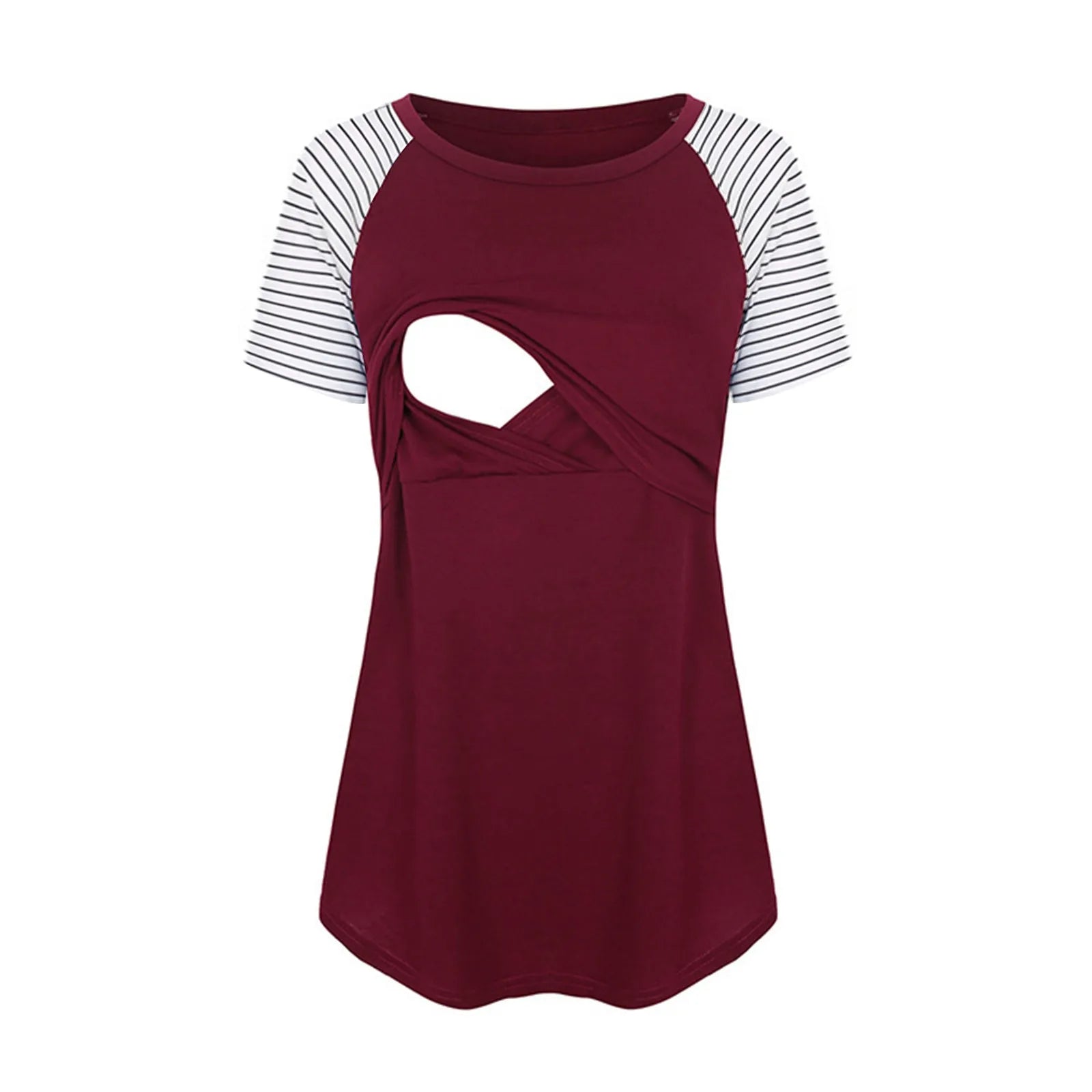 Women Maternity Short Sleeve Nursing Patchwork Color Tops Breastfeeding Blouse