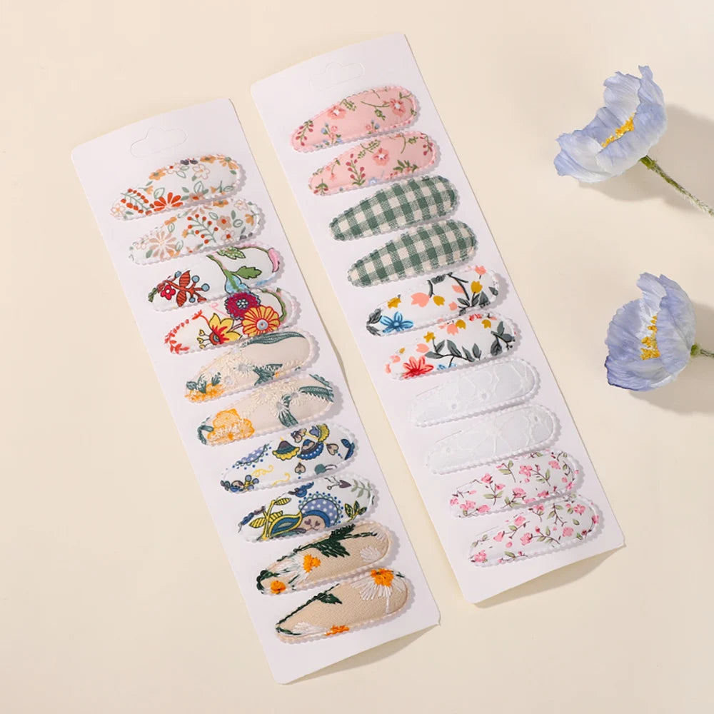 20 Pcs/Set Ins Flower Print Cotton Alloy Bow Hair Snap Clips Set Fabric Chess Baby Clamps Girls Headdress