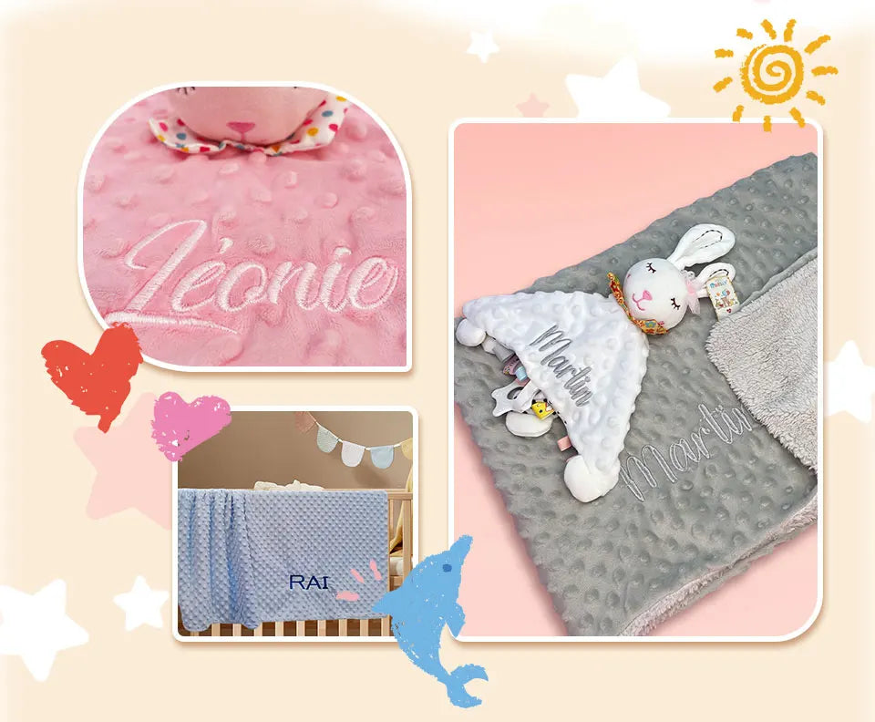 Personalized Newborn Baby Blanket with Name Custom Dot Minky Stroller Swaddle Set Security Towel Baby Shower Gift for Infant Boy
