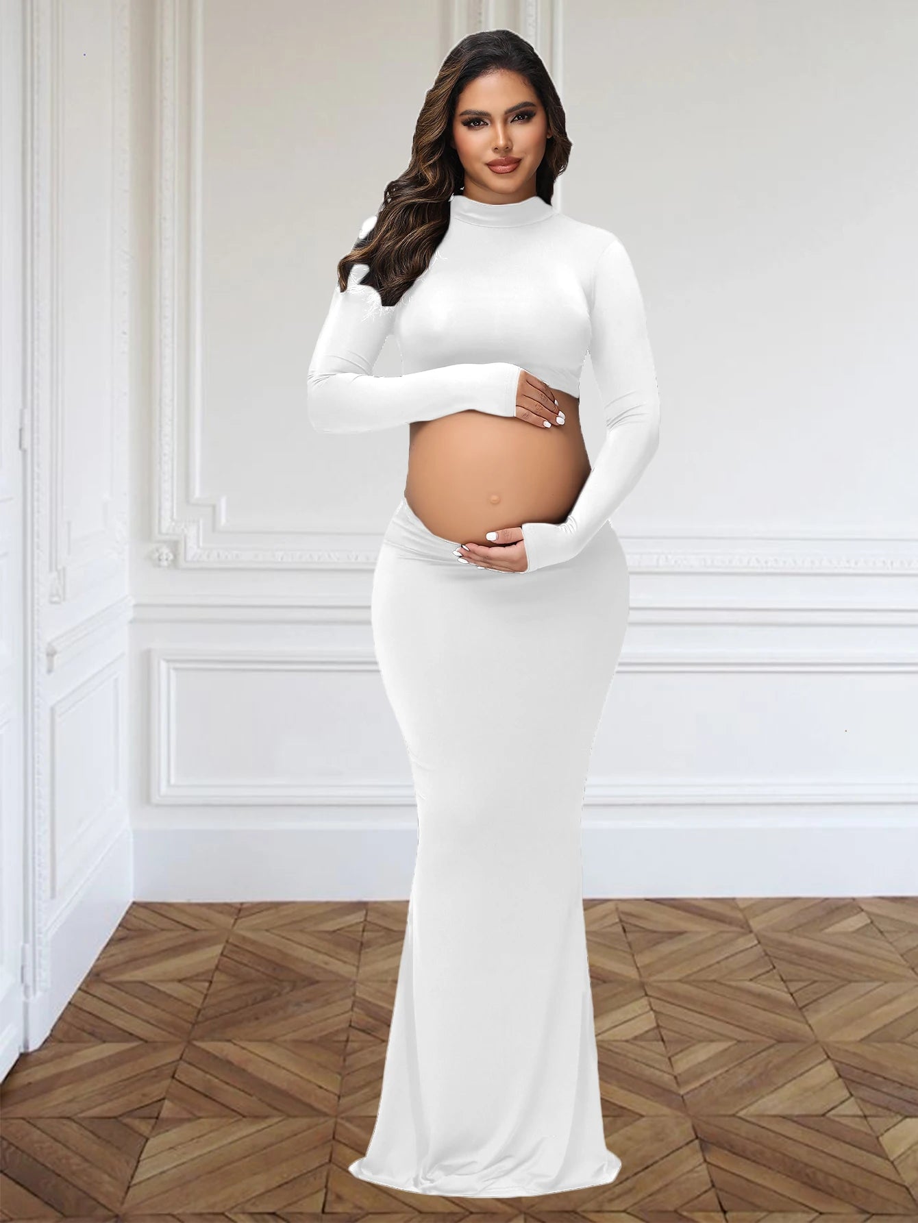 Maternity Mock Neck Long Sleeve Top Slim Maxi Skirt 2 Pcs Set For Photoshoots And Special Occasions