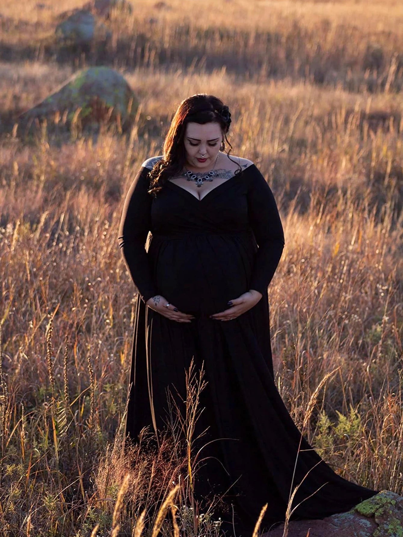 Maternity V-neck Gown Long Sleeve Trailing Maxi Dress Elegant Photo Shoot For Pregnant Women Photography