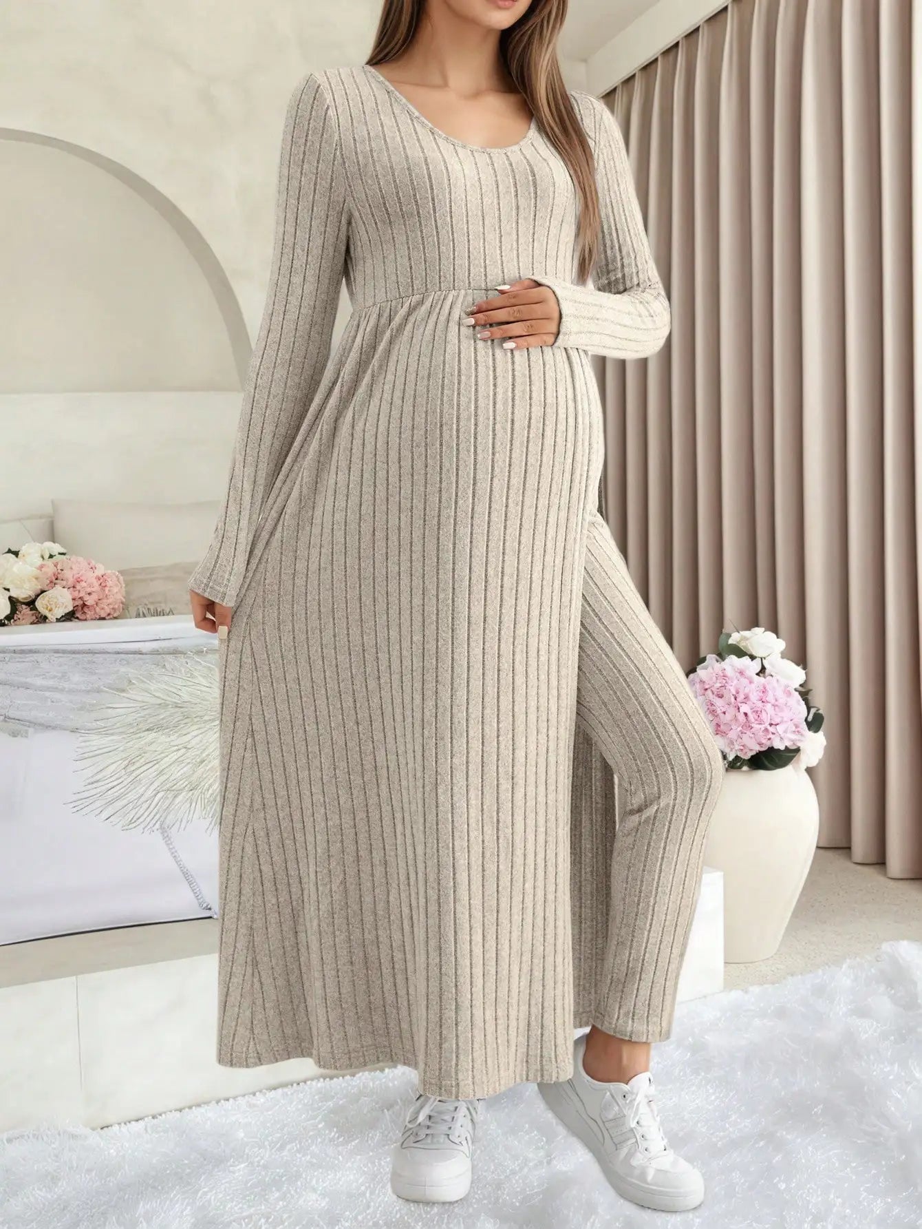 Maternity Women's Two Piece Sets and Outfits Long Sleeve Soft Ribbed Longline Casual Home Lounge Pants Set