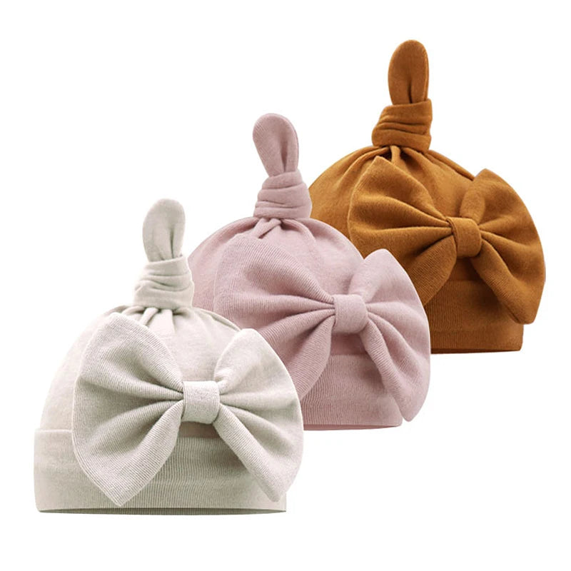 Solid Cotton Bow Knot Turban Hats for Baby Girls Beanies Soft Thin Elastic Caps Bonnet Newborn Infant 0-6 Months Headwraps