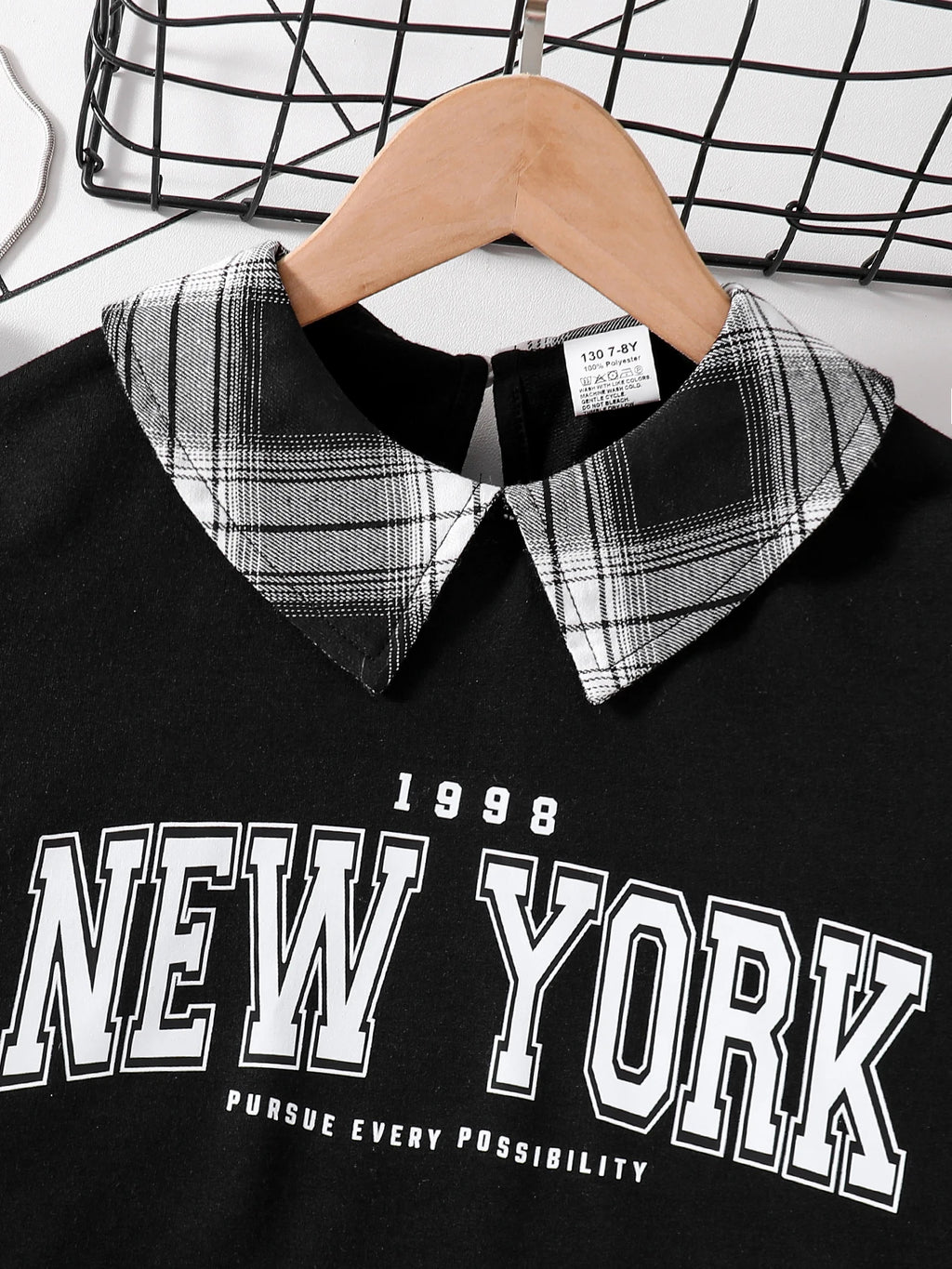 Girls Fashion Casual 2-Piece Set Black Lapel Long-Sleeved Letter Print Shirt Plaid Skirt Spring Autumn New