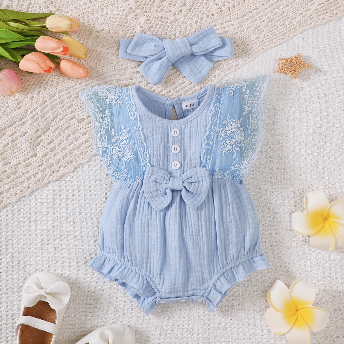 Bodysui Baby Girls Romper Set 0-18M Sleeveless Round Neck Lace Edge Bow And Headband Summer Casual