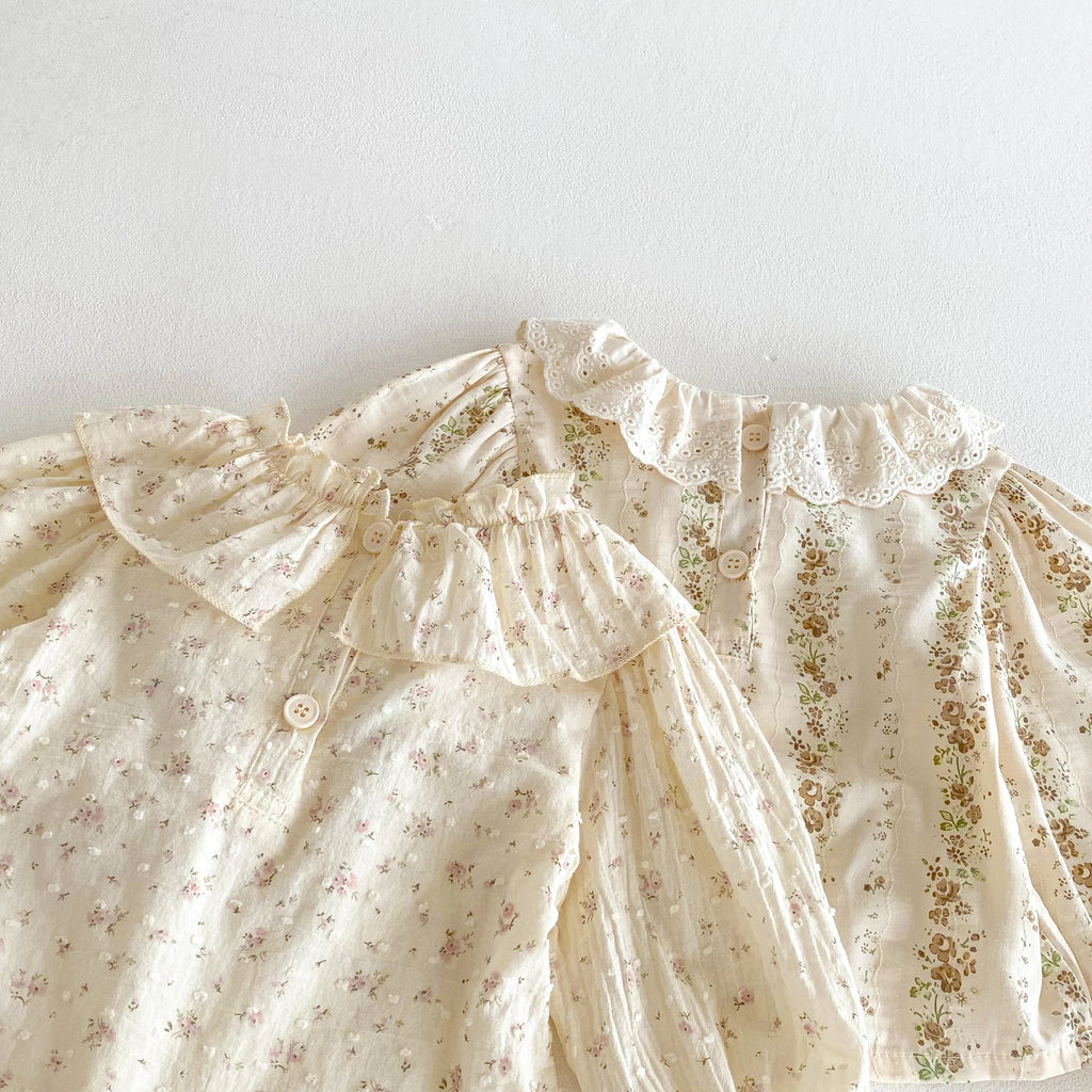 Spring and Autumn New Style Girls' baby Lace-Trim Sweet and Stylish Floral Top with Overalls Two-Piece Set