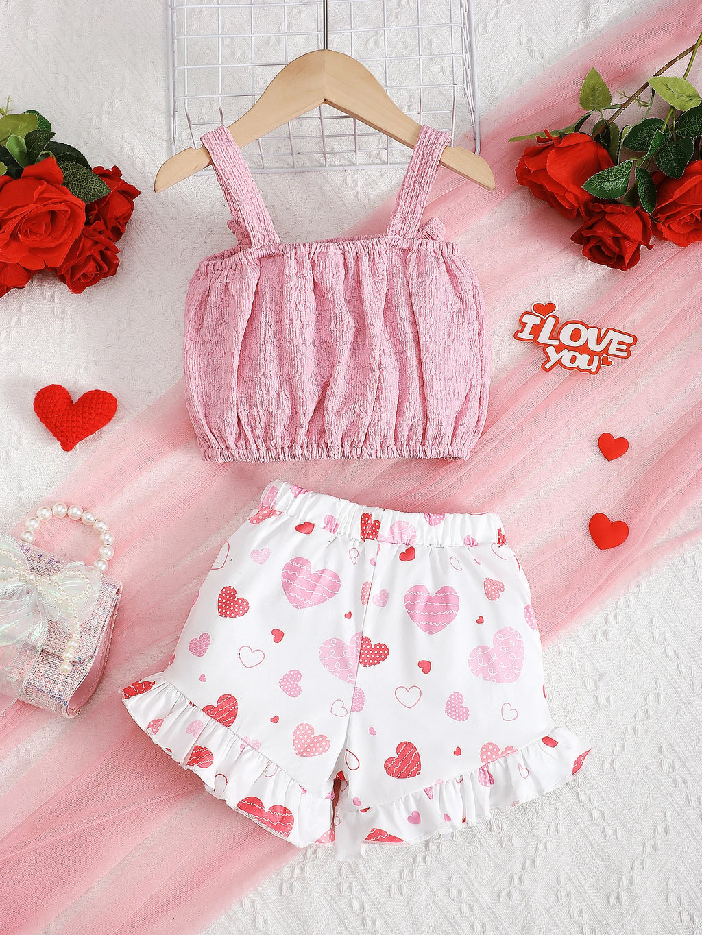 Summer Girls' Set Camisole Bow Top Heart-shaped Printed Shorts Two-piece Set 4-7 Year Girls' Fashion Set Children's clothing