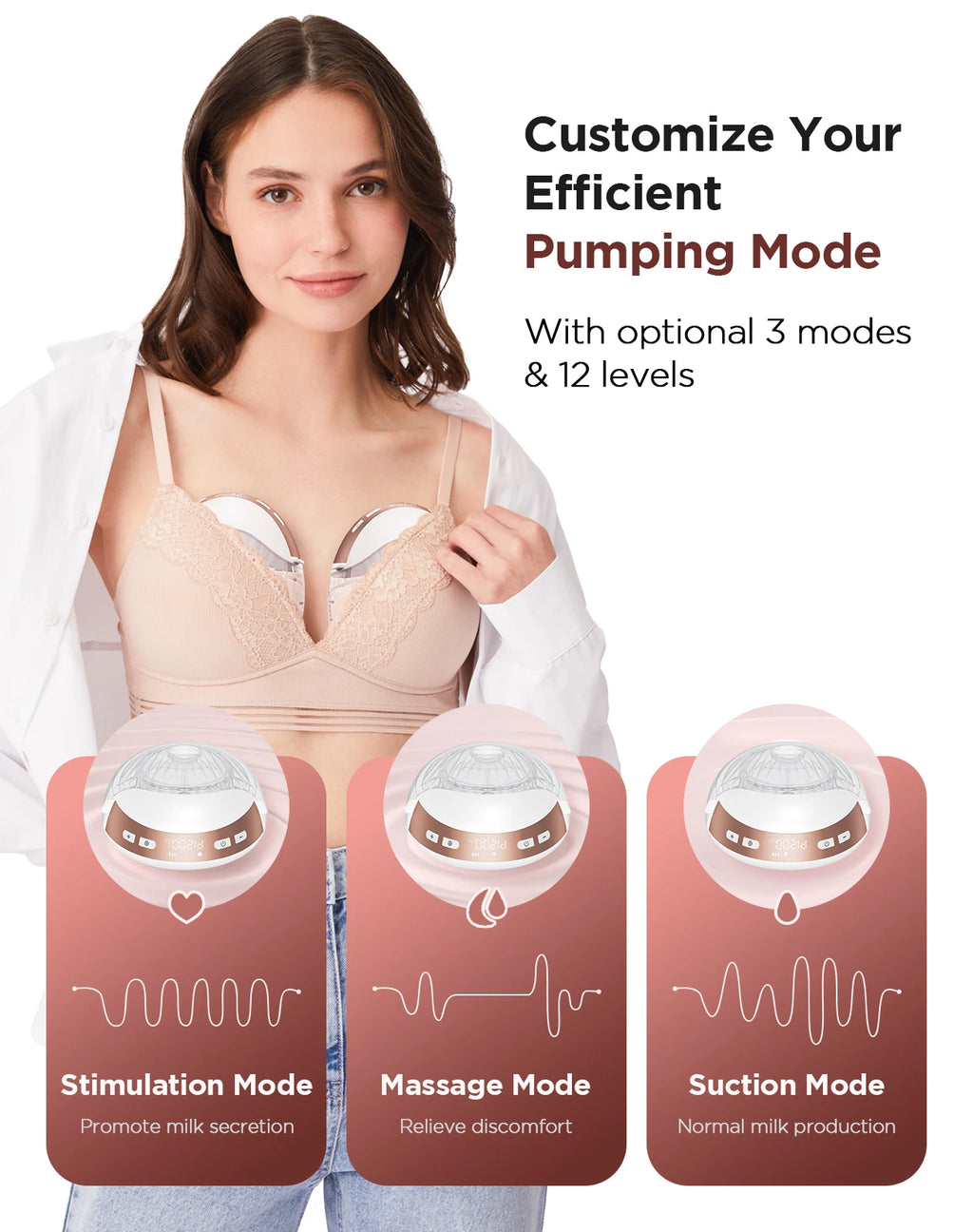 Wearable Electric Breast Pump 3 Modes 12 Levels Silent Leak-Proof Hands Free Breastpump Breastfeeding with 17/19/21/24mm Flange