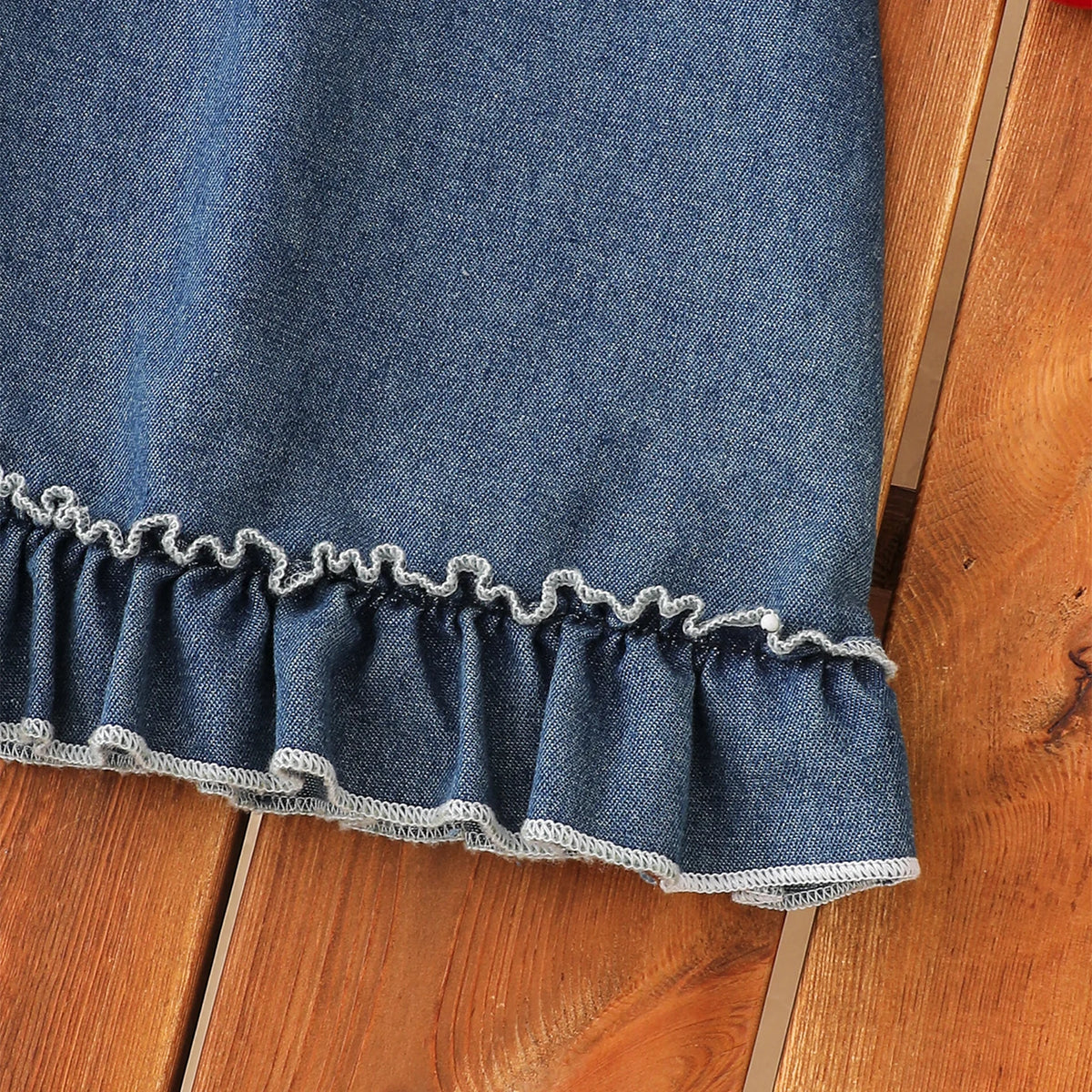 Toddler Baby Girl Sleeveless Denim Dress Lace Ruffle Trim Button Front Summer Kids Casual Jean A-line Dress