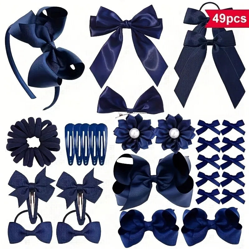 30Pcs/set Back To School Hair Bows Clip Hairband Set for Girls Navyblue White Ribbon Hair Clips Hair Rope Kids Hair Accessories