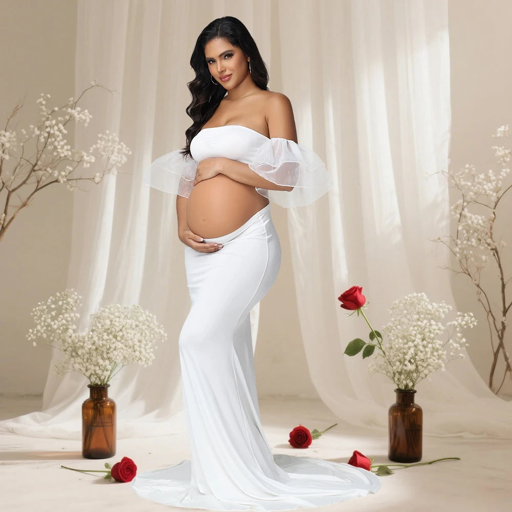 Maternity Ouifits 2Pcs Organza Sleeves Tube Top and Mermaid Hem Maxi Dress for Baby Shower Photoshoot