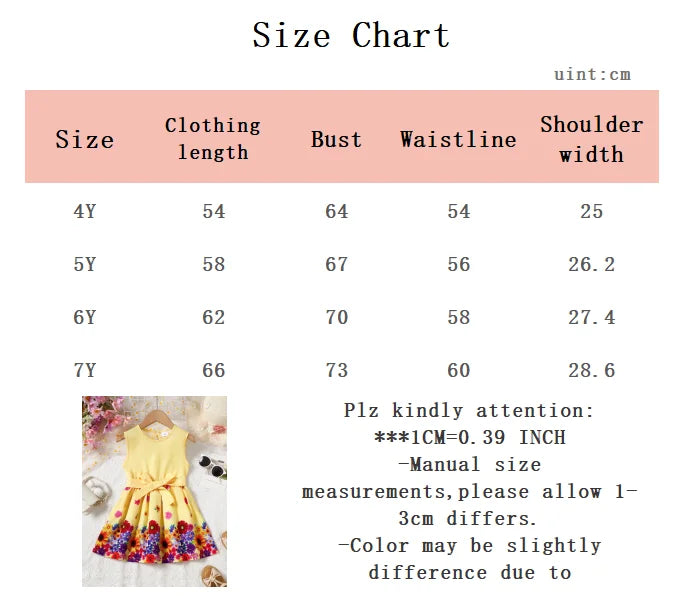 Kid Girls' Summer Dress Round Neck Beautiful Flower Printed Sleeveless Dress+Belt Set 4-7 Year Old Girls' Casual Dress