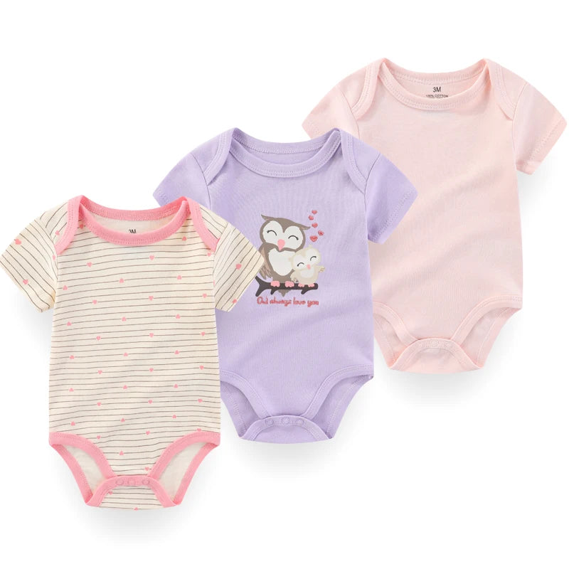 Babe Baby Bodysuits 3-Piece Cartoon Unisex Short Sleeve Onesies Set 0-12 Months 100 Percent Cotton