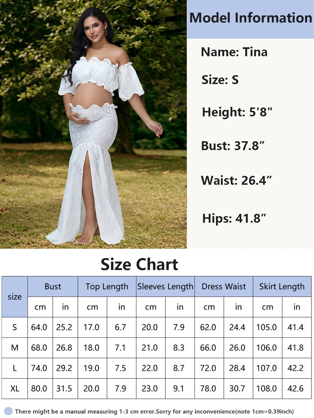 Maternity 2 Pieces Set Dress for Photoshoot Floral Embroidery Ruffle Short Top & Side Slit Long Skirt for Baby Shower