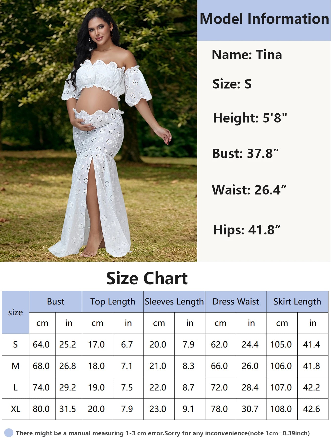 Maternity 2 Pieces Set Dress for Photoshoot Floral Embroidery Ruffle Short Top & Side Slit Long Skirt for Baby Shower