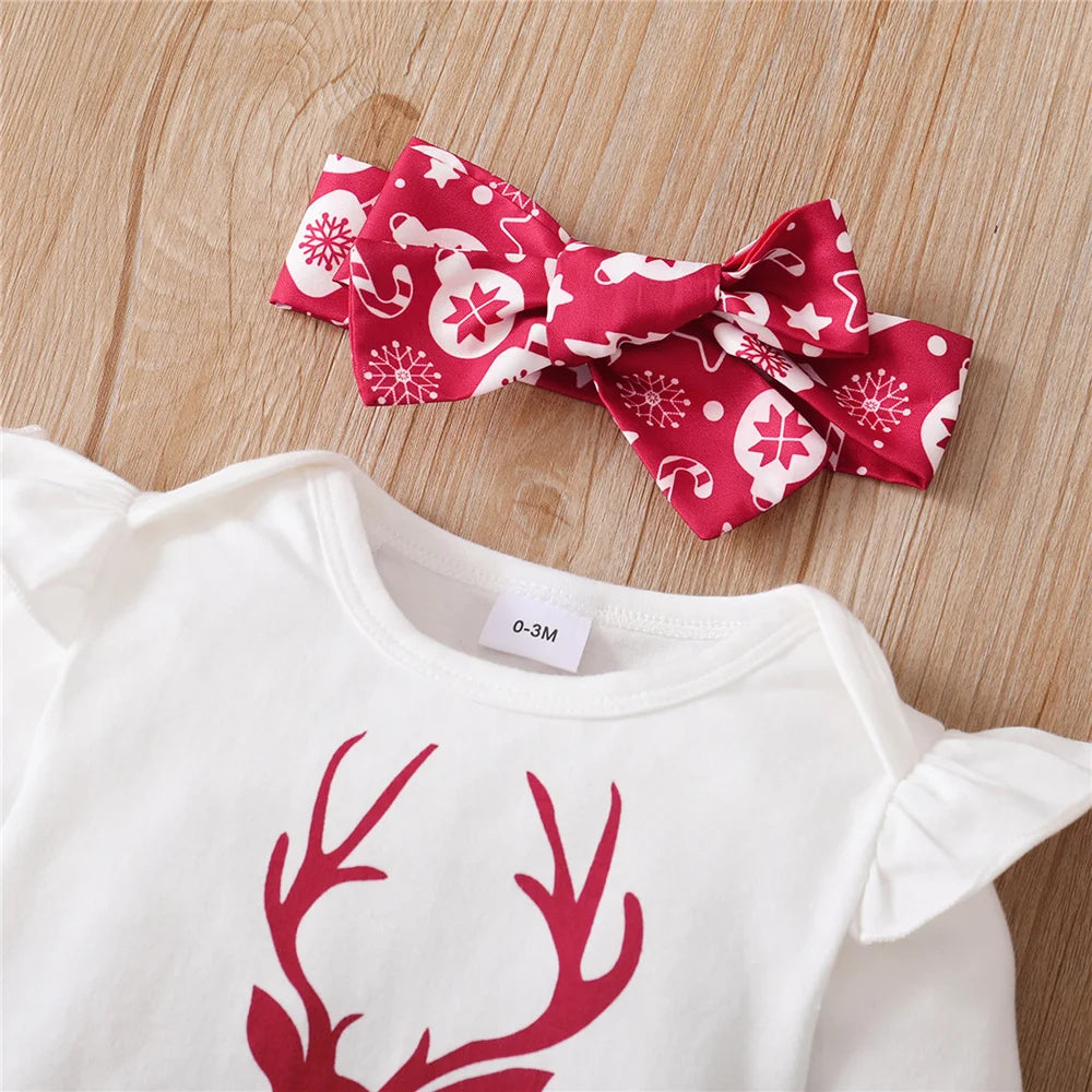 Newborn Baby Girl Christmas Set Reindeer Long sleeved Top Ruffled Shoulder Strap Skirt+Headband 3pcs 0-18 Months Baby Autumn Set