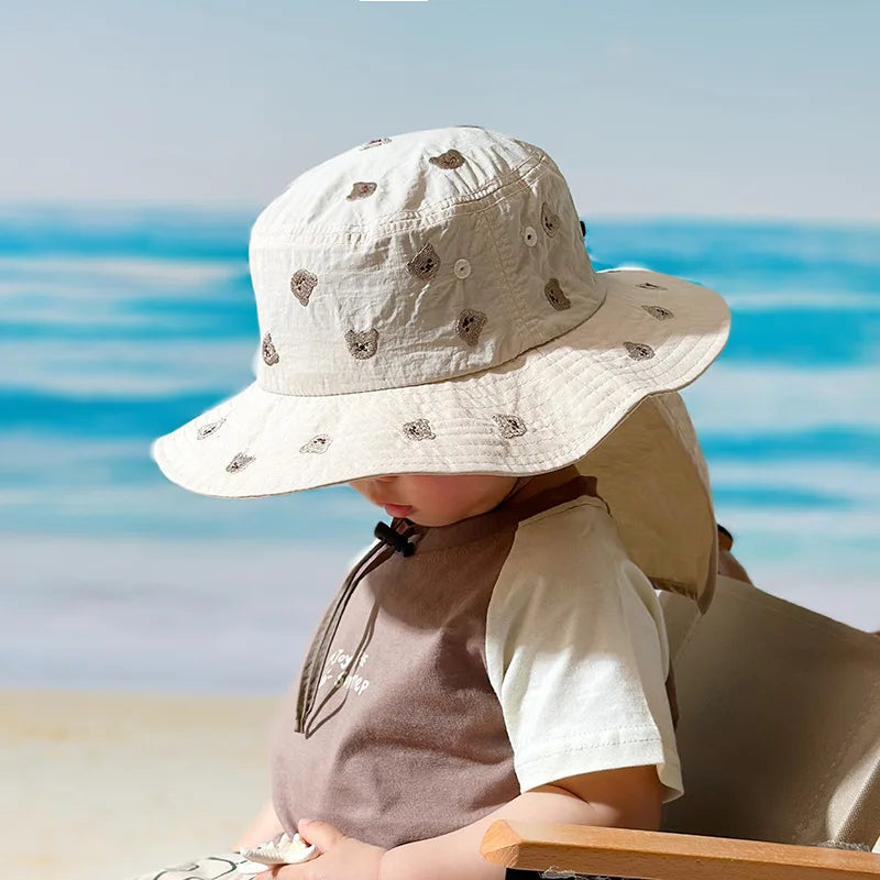 Summer Baby Sun Hat Quick-dry Beach Children Panama Cap for Girls Boys Embroidery Cartoon Kids Bucket Hats Neck Protection 1-4Y