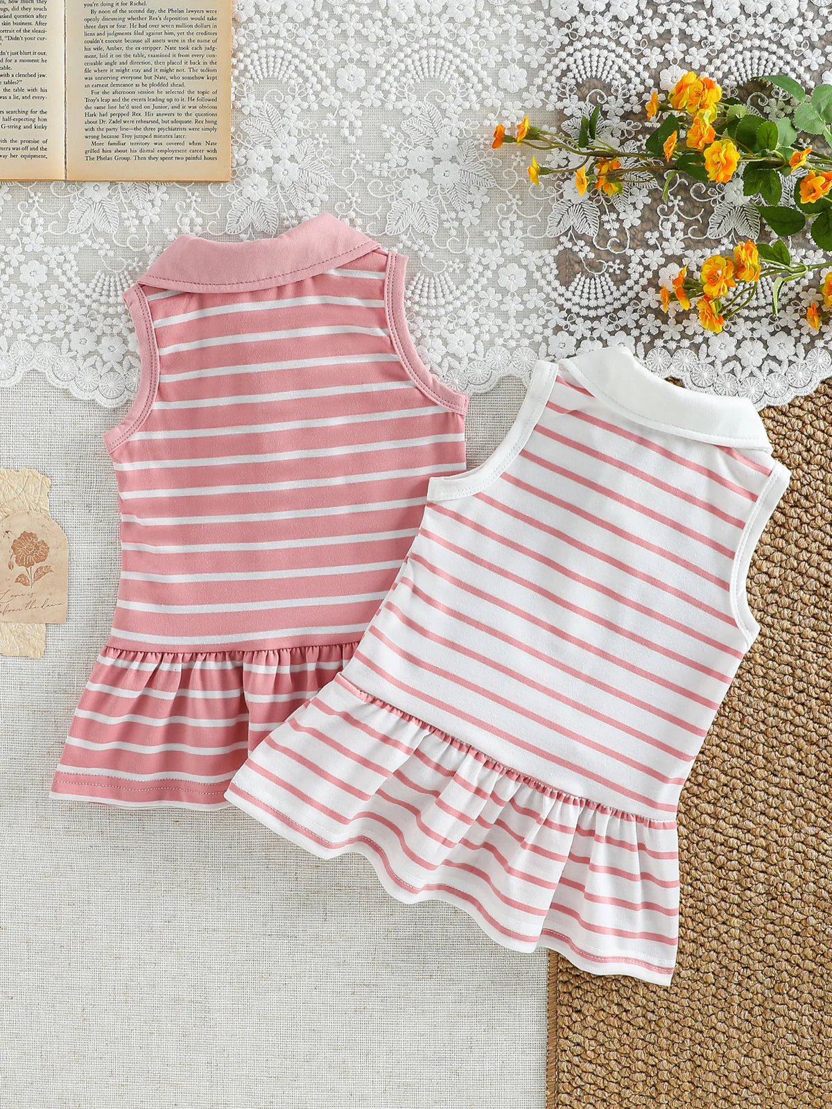 Summer Striped Polo Dress Two-Piece Set, Breathable Sleeveless Design with a Fresh and Adorable Style, Perfect for Baby Girls’ O
